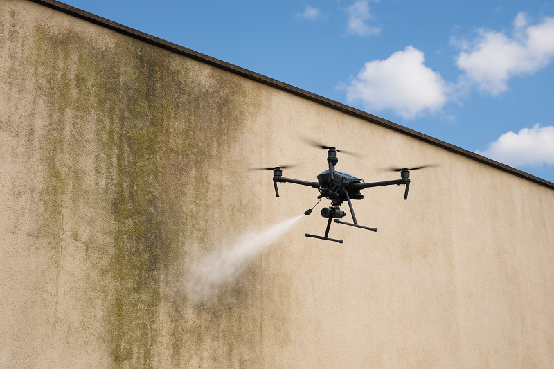 Nettoyage façade mur professionnel Le Havre 76 : Entreprise pour devis gratuit et prestation par drone (mousses, algues, lichens...)