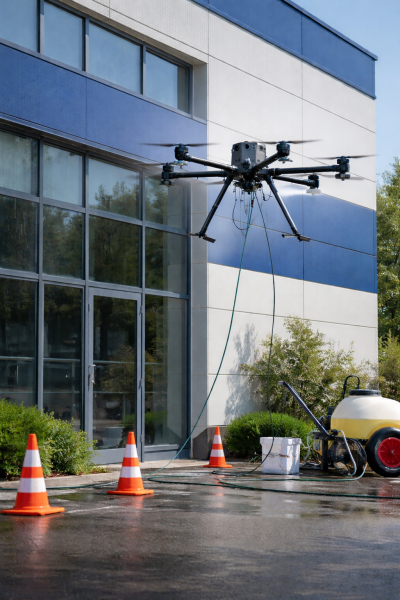 Entreprise nettoyage façade par drone secteur Rouen : centre commercial, magasin, garage, bâtiment industriel, usine