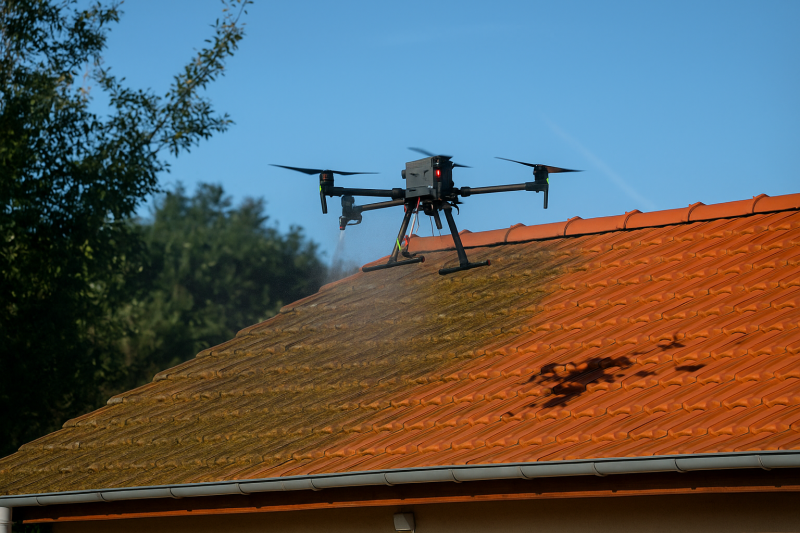 Démoussage toiture par drone avec produit écologique sans échafaudage pour maisons individuelles et de ville Le Havre 76 en Seine Maritime