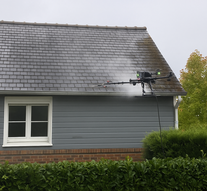 Nettoyage de toiture par drone sans échafaudage Yvetot : Service professionnel de démoussage écologique façade et couverture